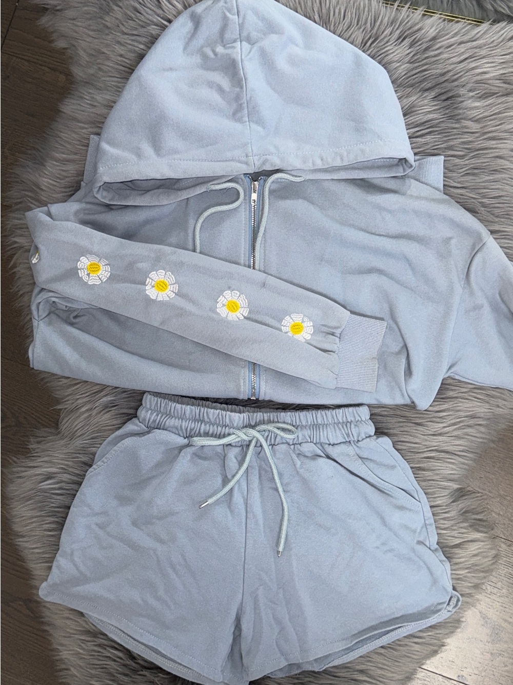 Light Blue Daisy Embroided Zip Hoodie & Shorts Set